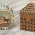 Lot 087 - Pair Of Antique Paper Board Pin Cubes, Including H.F. Neuss "Original Pin Cube" With Paper Label On Bottom, With Various Ball Head Sewing Pins