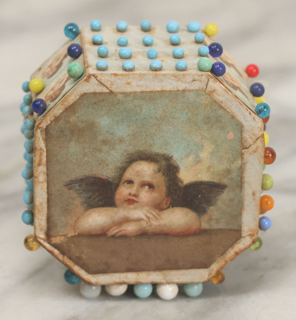 Lot 087 - Pair Of Antique Paper Board Pin Cubes, Including H.F. Neuss "Original Pin Cube" With Paper Label On Bottom, With Various Ball Head Sewing Pins 