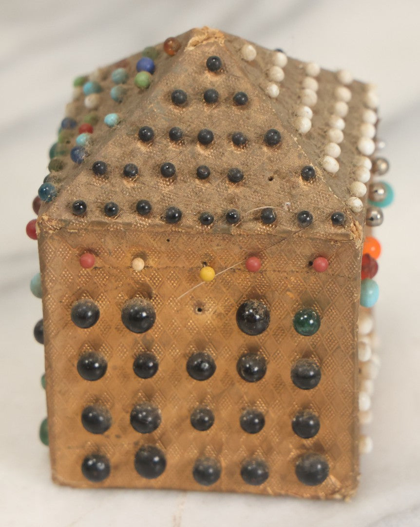 Lot 087 - Pair Of Antique Paper Board Pin Cubes, Including H.F. Neuss "Original Pin Cube" With Paper Label On Bottom, With Various Ball Head Sewing Pins 