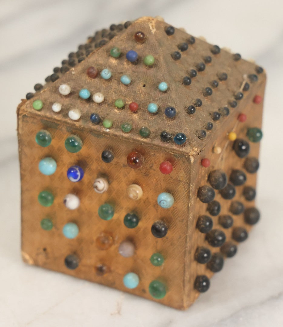 Lot 087 - Pair Of Antique Paper Board Pin Cubes, Including H.F. Neuss "Original Pin Cube" With Paper Label On Bottom, With Various Ball Head Sewing Pins 