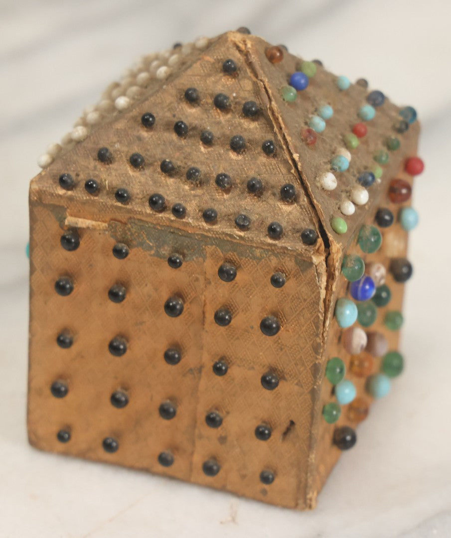 Lot 087 - Pair Of Antique Paper Board Pin Cubes, Including H.F. Neuss "Original Pin Cube" With Paper Label On Bottom, With Various Ball Head Sewing Pins 