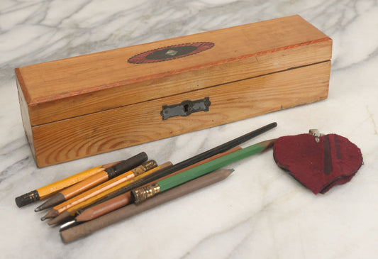 Lot 091 - Vintage Wooden Pencil Box With Cover Decoration, With Vintage Pencils, Heart Shaped Fabric Blotter, As Found