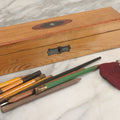 Lot 091 - Vintage Wooden Pencil Box With Cover Decoration, With Vintage Pencils, Heart Shaped Fabric Blotter, As Found