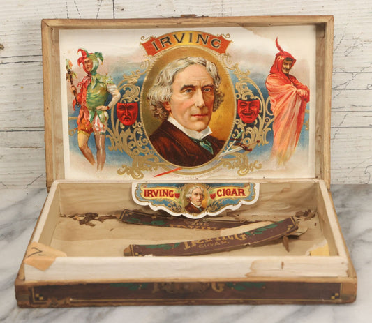 Lot 092 - Antique Wooden Cigar Box With Lithographed Label For The Irving Cigar, Bearing The Likeness Of English Stage Actor Henry Irving As The Devilish Mephistopheles, And A Jester On Interior Label 