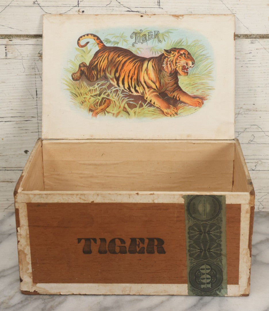 Lot 093 - Antique Wooden Cigar Box With Lithographed Label For Tiger Brand Cigars, With Tiger Graphics On External And Internal Labels, Sackett & Wilhelms Lithograph Company, New York