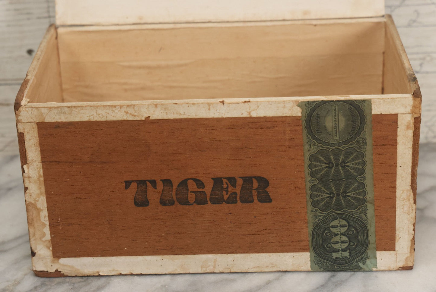 Lot 093 - Antique Wooden Cigar Box With Lithographed Label For Tiger Brand Cigars, With Tiger Graphics On External And Internal Labels, Sackett & Wilhelms Lithograph Company, New York