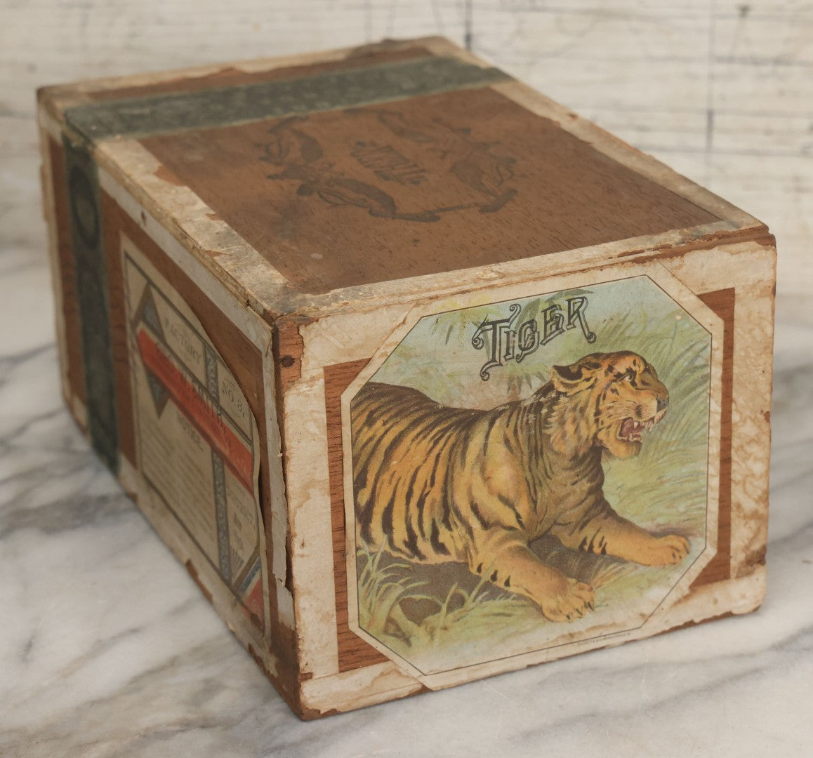 Lot 093 - Antique Wooden Cigar Box With Lithographed Label For Tiger Brand Cigars, With Tiger Graphics On External And Internal Labels, Sackett & Wilhelms Lithograph Company, New York