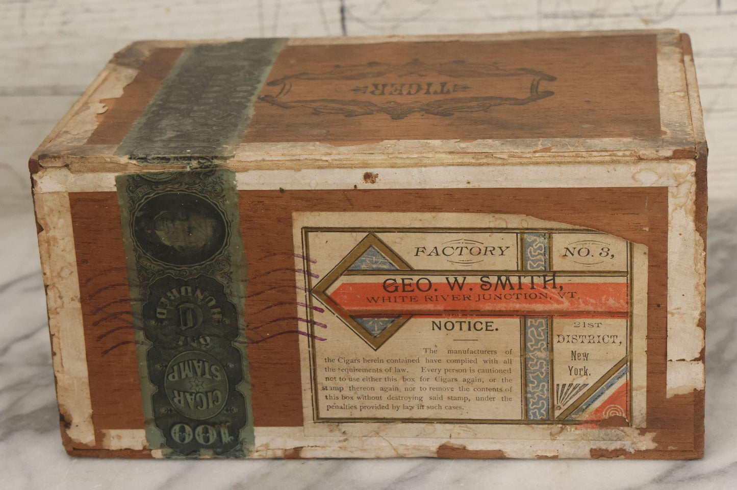 Lot 093 - Antique Wooden Cigar Box With Lithographed Label For Tiger Brand Cigars, With Tiger Graphics On External And Internal Labels, Sackett & Wilhelms Lithograph Company, New York