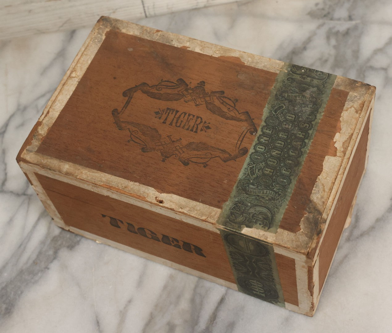 Lot 093 - Antique Wooden Cigar Box With Lithographed Label For Tiger Brand Cigars, With Tiger Graphics On External And Internal Labels, Sackett & Wilhelms Lithograph Company, New York
