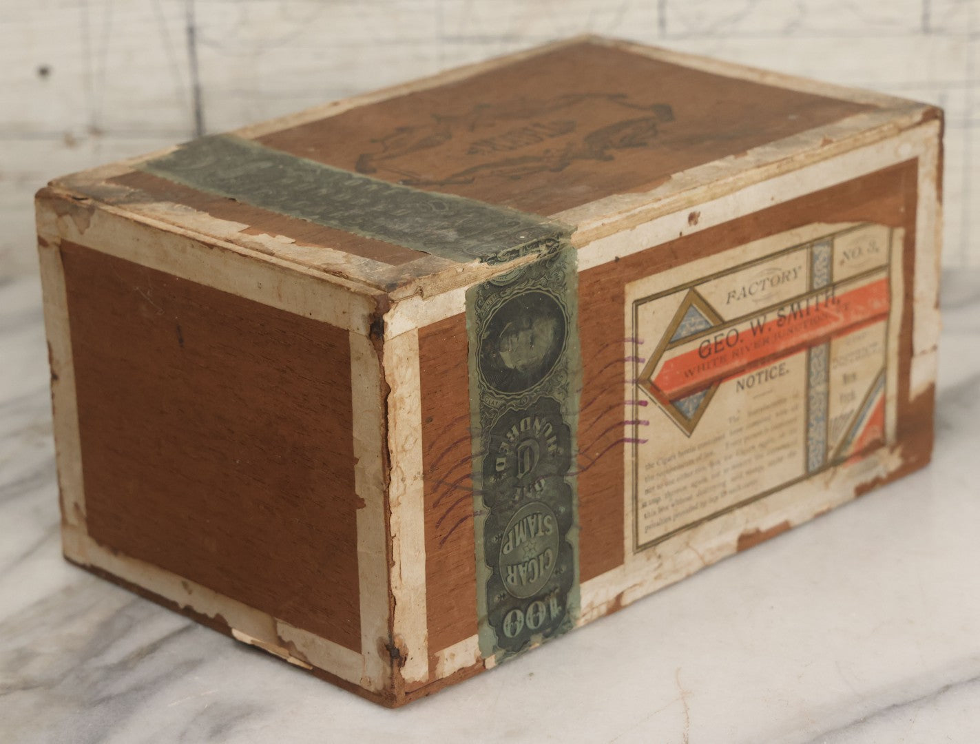 Lot 093 - Antique Wooden Cigar Box With Lithographed Label For Tiger Brand Cigars, With Tiger Graphics On External And Internal Labels, Sackett & Wilhelms Lithograph Company, New York