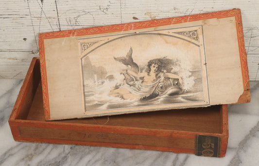 Lot 094 - Antique Wooden Cigar Box With Lithographed Label For Seafoam Cigars, Hampden Cigar Co., Manufacturers, With Nude Woman On Dolphin Graphics On External And Internal Labels, Note Cover Detached