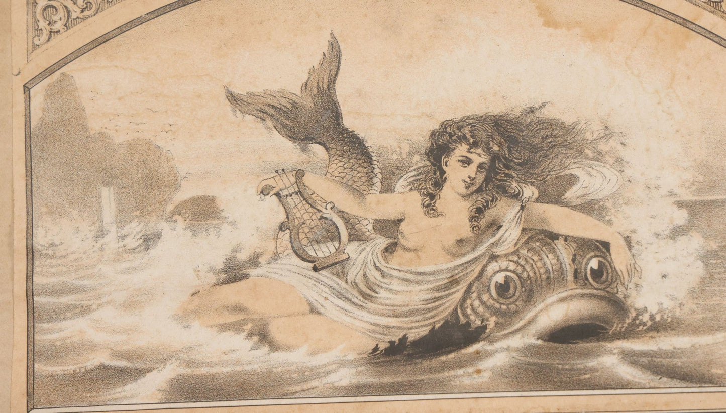 Lot 094 - Antique Wooden Cigar Box With Lithographed Label For Seafoam Cigars, Hampden Cigar Co., Manufacturers, With Nude Woman On Dolphin Graphics On External And Internal Labels, Note Cover Detached