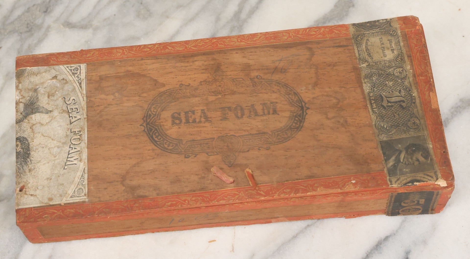 Lot 094 - Antique Wooden Cigar Box With Lithographed Label For Seafoam Cigars, Hampden Cigar Co., Manufacturers, With Nude Woman On Dolphin Graphics On External And Internal Labels, Note Cover Detached