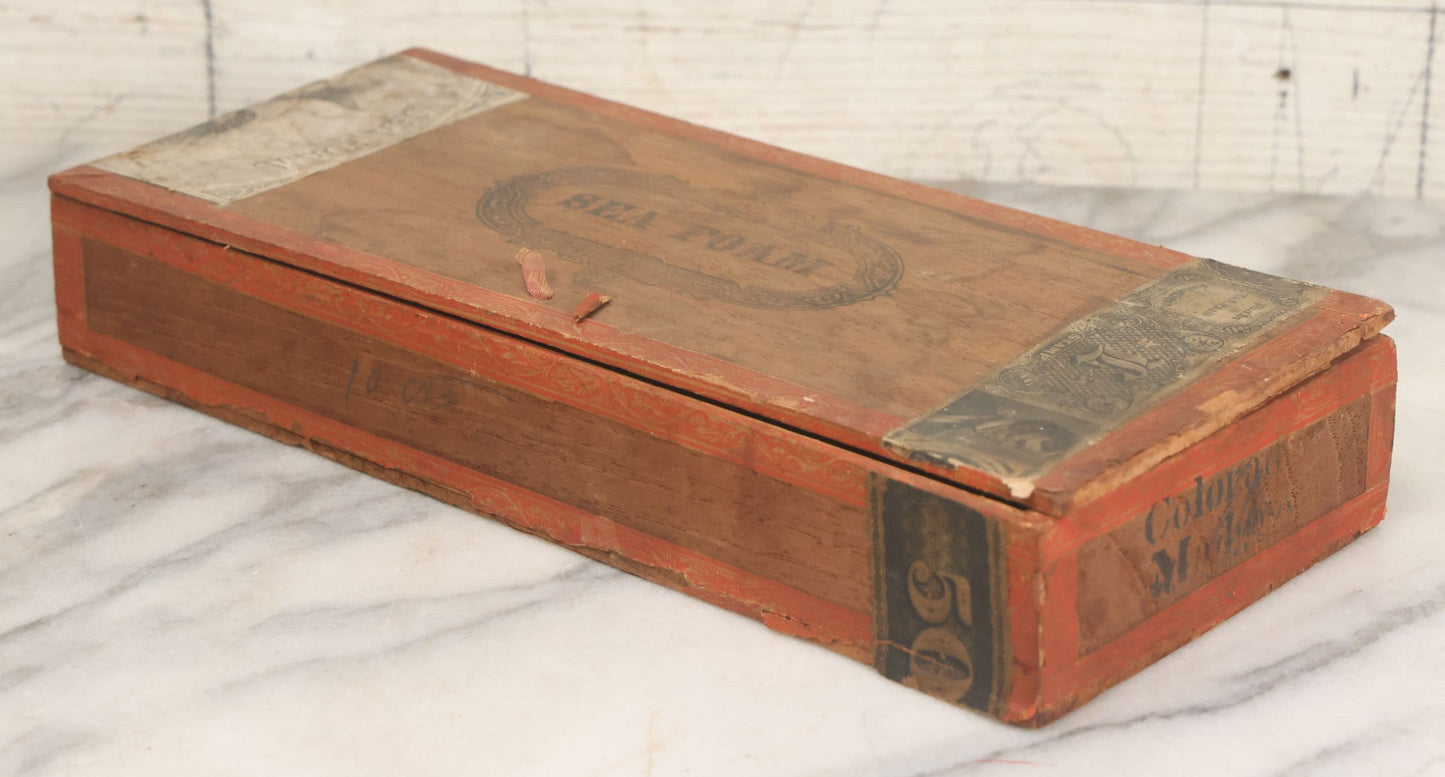Lot 094 - Antique Wooden Cigar Box With Lithographed Label For Seafoam Cigars, Hampden Cigar Co., Manufacturers, With Nude Woman On Dolphin Graphics On External And Internal Labels, Note Cover Detached