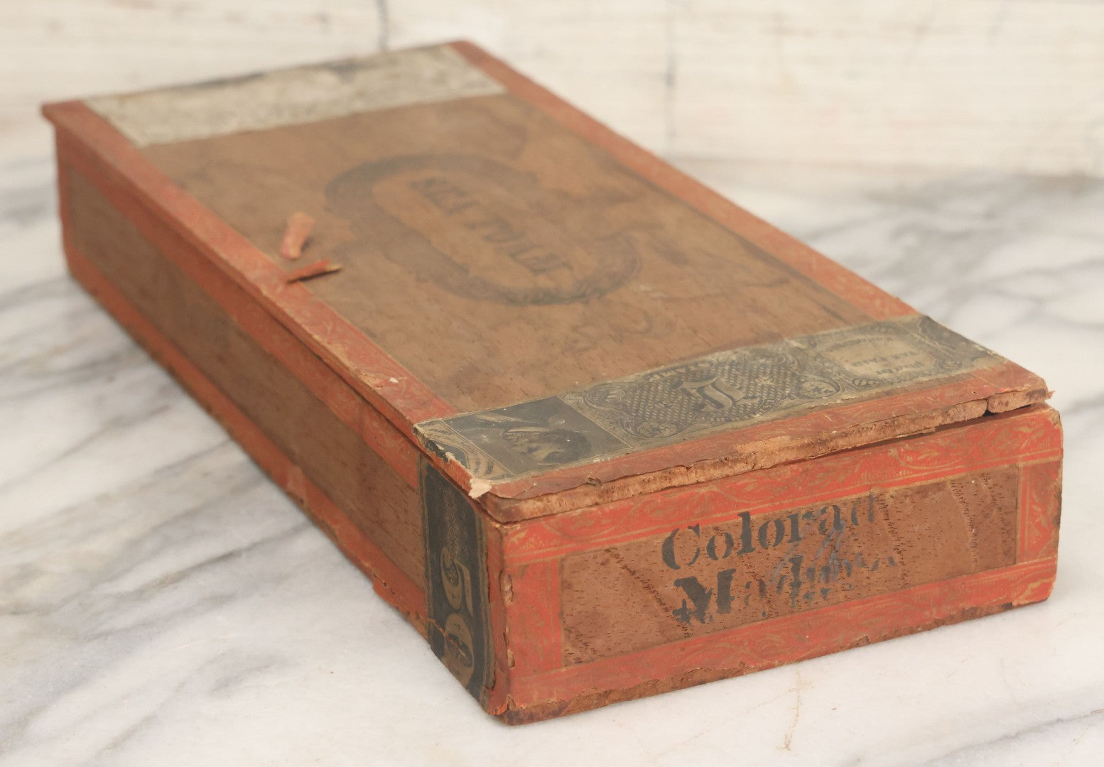 Lot 094 - Antique Wooden Cigar Box With Lithographed Label For Seafoam Cigars, Hampden Cigar Co., Manufacturers, With Nude Woman On Dolphin Graphics On External And Internal Labels, Note Cover Detached