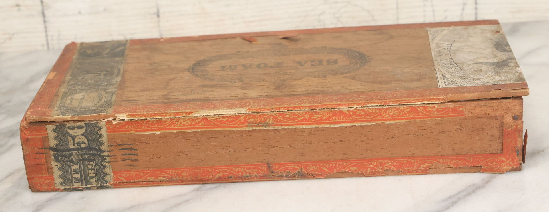 Lot 094 - Antique Wooden Cigar Box With Lithographed Label For Seafoam Cigars, Hampden Cigar Co., Manufacturers, With Nude Woman On Dolphin Graphics On External And Internal Labels, Note Cover Detached