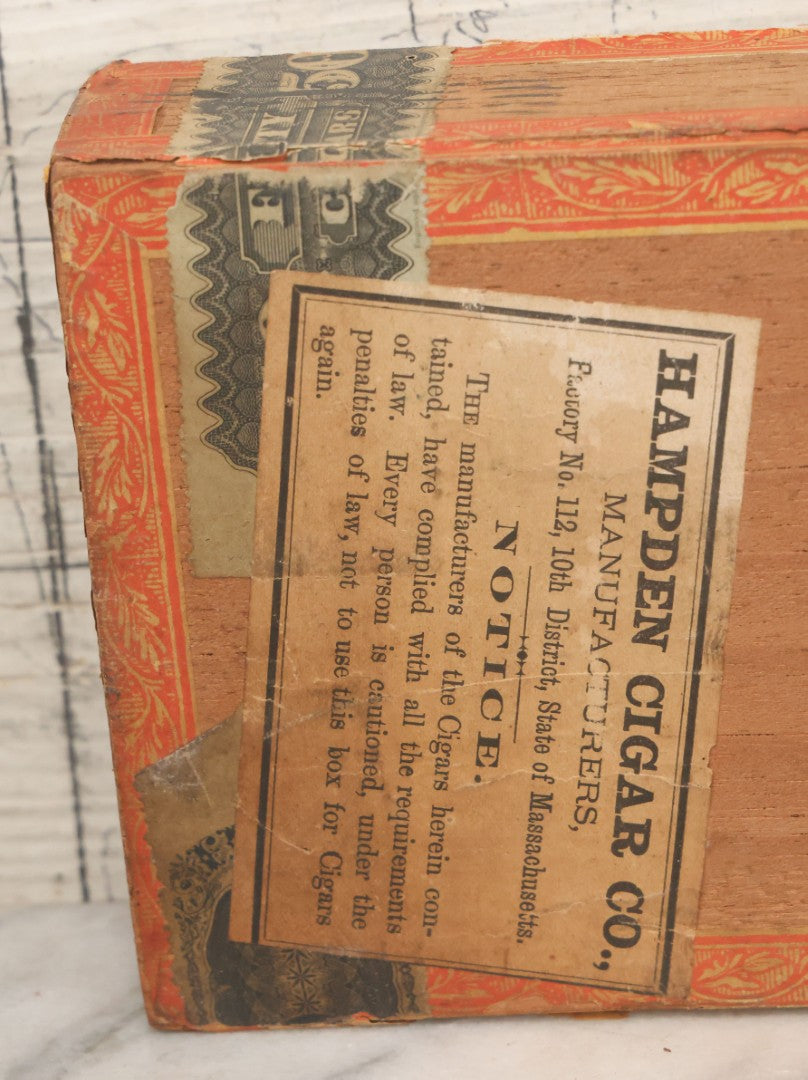 Lot 094 - Antique Wooden Cigar Box With Lithographed Label For Seafoam Cigars, Hampden Cigar Co., Manufacturers, With Nude Woman On Dolphin Graphics On External And Internal Labels, Note Cover Detached
