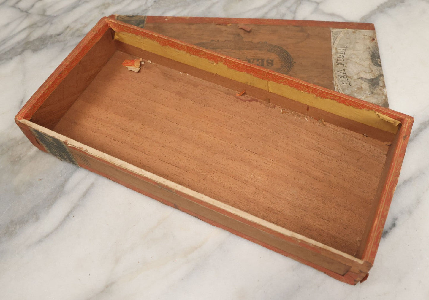 Lot 094 - Antique Wooden Cigar Box With Lithographed Label For Seafoam Cigars, Hampden Cigar Co., Manufacturers, With Nude Woman On Dolphin Graphics On External And Internal Labels, Note Cover Detached