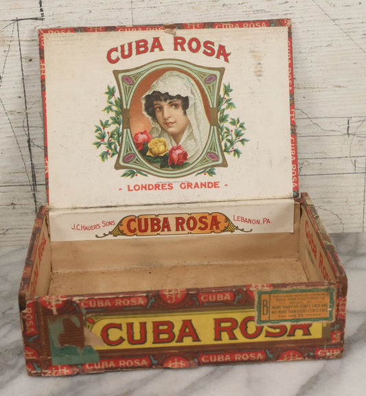 Lot 095 - Antique Wooden Cigar Box With Lithographed Label For Cuba Rosa Londres Grande Cigars, J.C. Hauer's Sons, Manufacturers, Lebanon, Pennsylvania, With Pretty Woman On External And Internal Labels