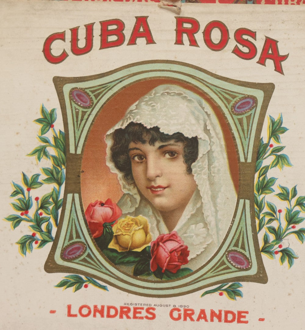 Lot 095 - Antique Wooden Cigar Box With Lithographed Label For Cuba Rosa Londres Grande Cigars, J.C. Hauer's Sons, Manufacturers, Lebanon, Pennsylvania, With Pretty Woman On External And Internal Labels
