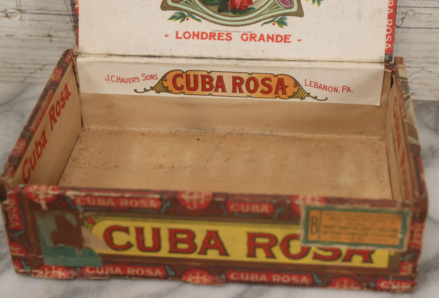 Lot 095 - Antique Wooden Cigar Box With Lithographed Label For Cuba Rosa Londres Grande Cigars, J.C. Hauer's Sons, Manufacturers, Lebanon, Pennsylvania, With Pretty Woman On External And Internal Labels