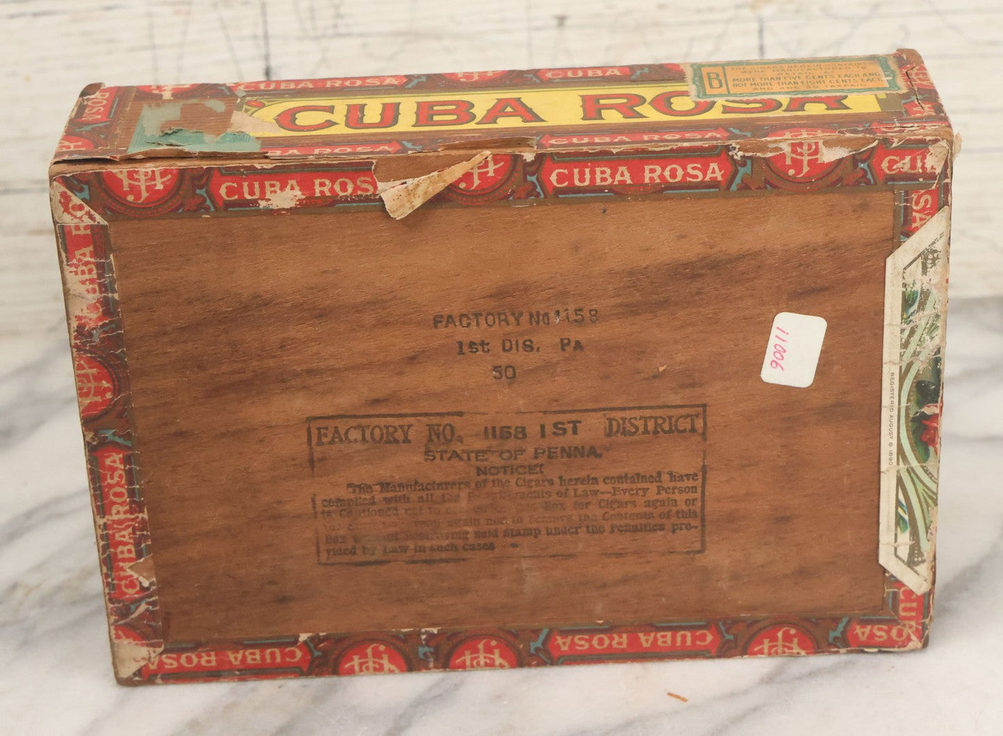 Lot 095 - Antique Wooden Cigar Box With Lithographed Label For Cuba Rosa Londres Grande Cigars, J.C. Hauer's Sons, Manufacturers, Lebanon, Pennsylvania, With Pretty Woman On External And Internal Labels