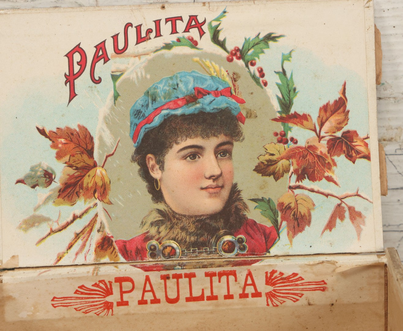 Lot 096 - Antique Wooden Cigar Box With Lithographed Label For Paulita Habana Cigars, With Woman In Blue Hat Graphics On External And Internal Labels