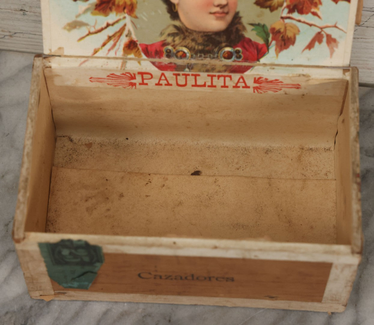 Lot 096 - Antique Wooden Cigar Box With Lithographed Label For Paulita Habana Cigars, With Woman In Blue Hat Graphics On External And Internal Labels