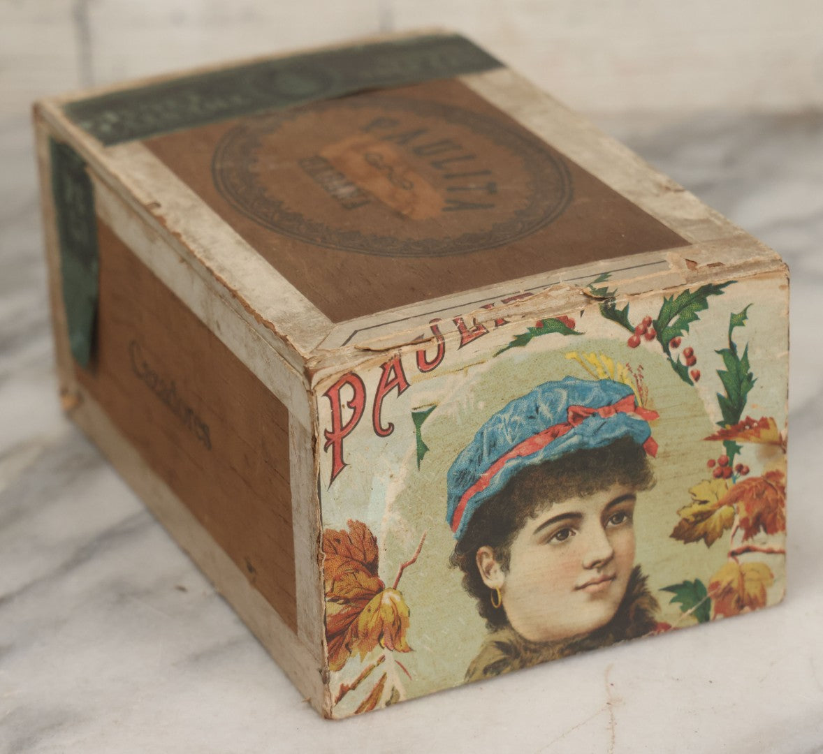 Lot 096 - Antique Wooden Cigar Box With Lithographed Label For Paulita Habana Cigars, With Woman In Blue Hat Graphics On External And Internal Labels