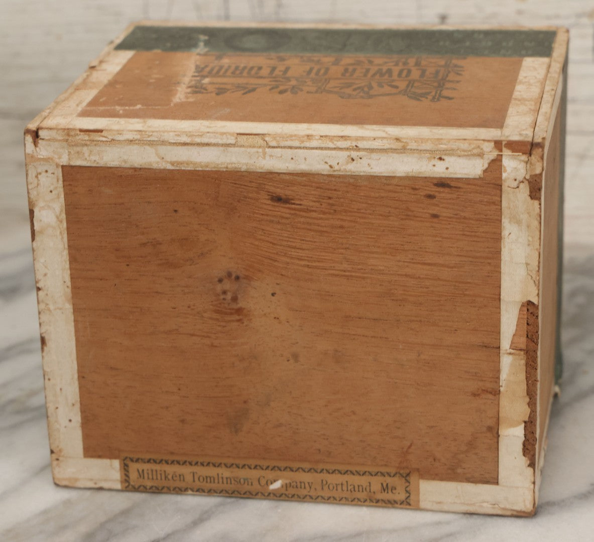 Lot 097 - Antique Wooden Cigar Box With Lithographed Label For Flower Of Florida Cigars, With Woman In Pink Hat & Lighthouse Graphics On External And Internal Labels, Paper Label From Milliken Tomlinson Company, Portland, Maine