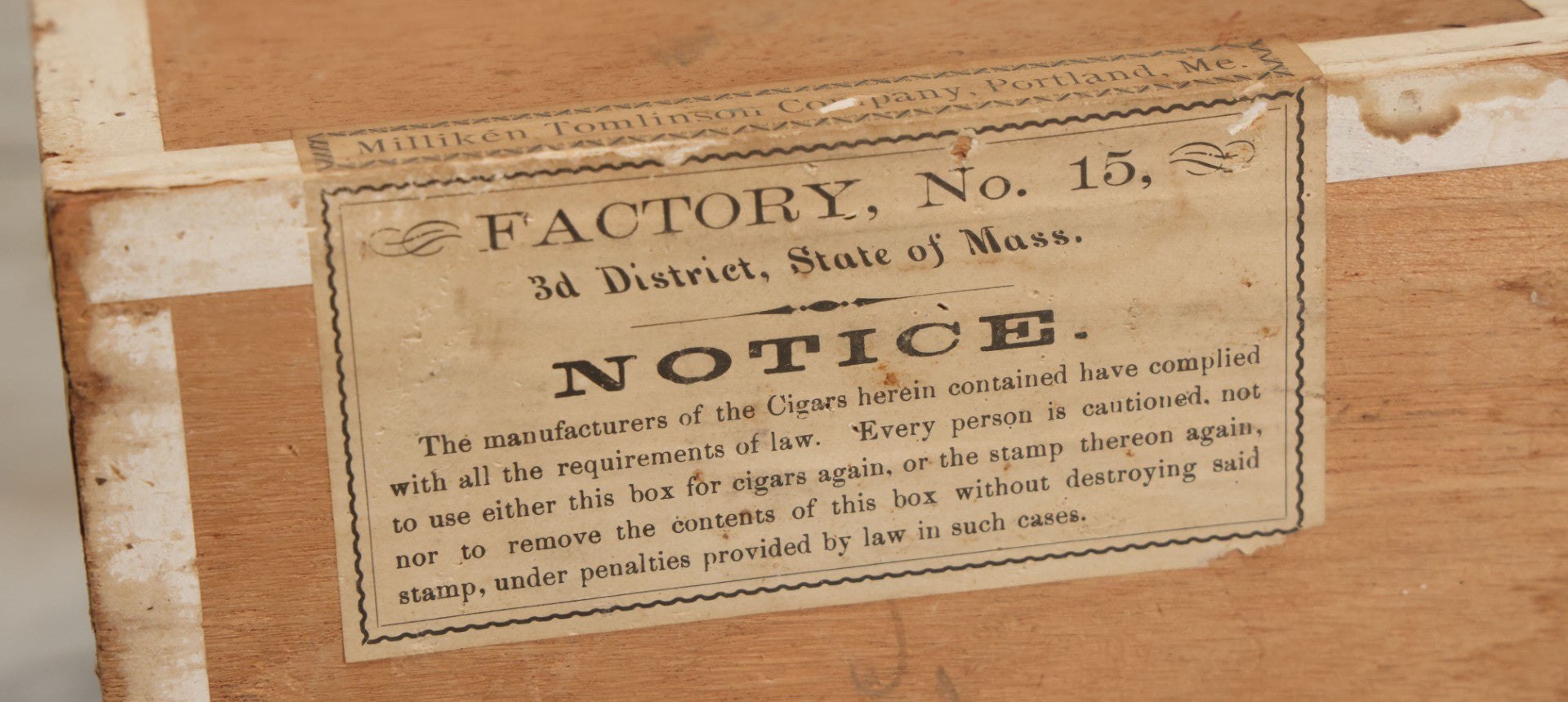 Lot 097 - Antique Wooden Cigar Box With Lithographed Label For Flower Of Florida Cigars, With Woman In Pink Hat & Lighthouse Graphics On External And Internal Labels, Paper Label From Milliken Tomlinson Company, Portland, Maine