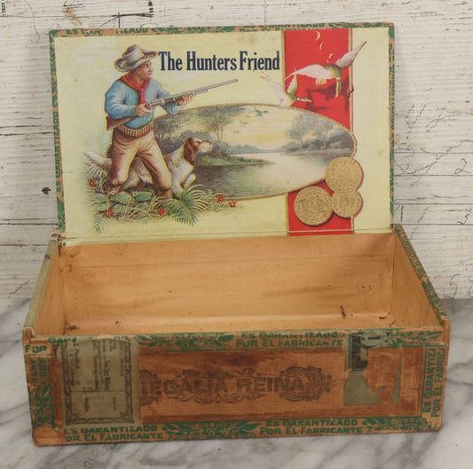 Lot 098 - Antique Wooden Cigar Box With Lithographed Label For The Hunter's Friend Cigars, With Hunter And Dog Graphics On Internal Label