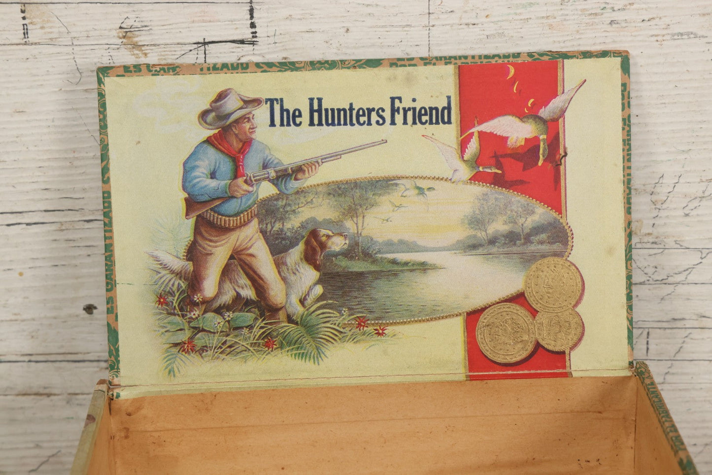 Lot 098 - Antique Wooden Cigar Box With Lithographed Label For The Hunter's Friend Cigars, With Hunter And Dog Graphics On Internal Label