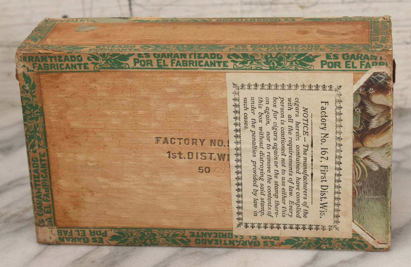 Lot 098 - Antique Wooden Cigar Box With Lithographed Label For The Hunter's Friend Cigars, With Hunter And Dog Graphics On Internal Label