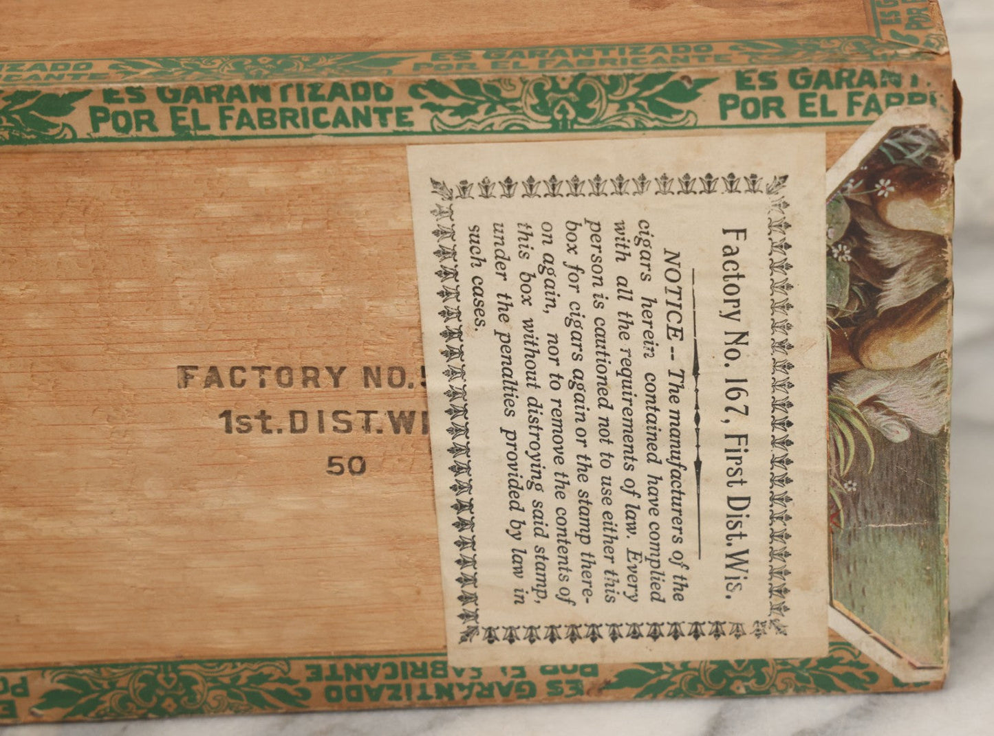 Lot 098 - Antique Wooden Cigar Box With Lithographed Label For The Hunter's Friend Cigars, With Hunter And Dog Graphics On Internal Label