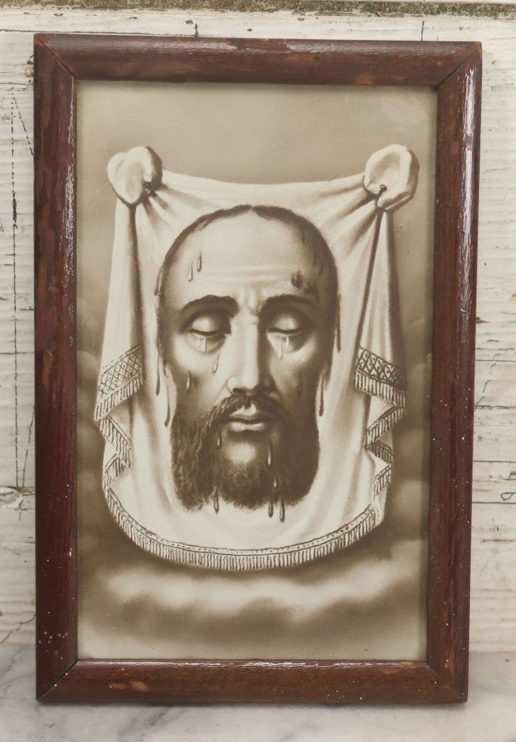 Lot 100 - Antique Veil Of Veronica Religious Print With Crying Jesus Christ On Shroud, In Original Frame, 5-1/2" x 8-1/4"