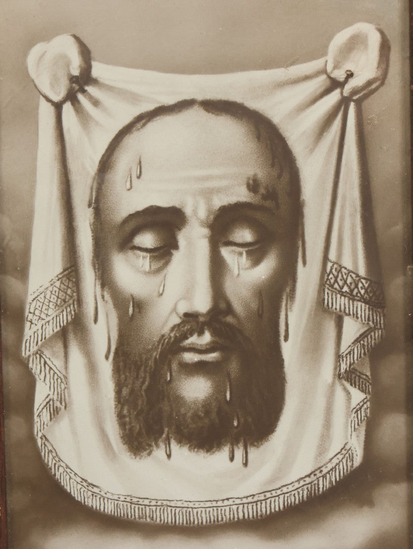 Lot 100 - Antique Veil Of Veronica Religious Print With Crying Jesus Christ On Shroud, In Original Frame, 5-1/2" x 8-1/4"
