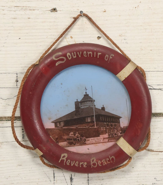 Lot 101 - Antique Souvenir Of Revere Beach, Massachusetts, With Photo Of Bath House And Automobile, In Hand Painted Life Preserver Frame With Rope Embellishments