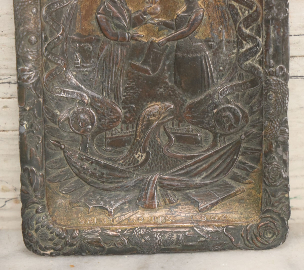 Lot 103 - Antique Pot Metal Trinket Dish Historic Souvenir Commemorating The Louisiana Purchase Centennial, 1803-1903, With Uncle Sam, Eagle, And Other Patriotic Symbols, Copyrighted By I.G.K.