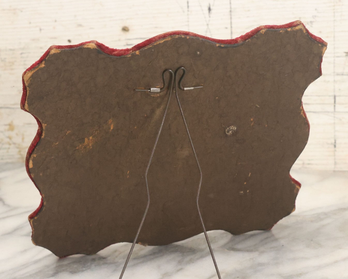 Lot 104 - Antique Beveled Dresser Mirror With Red Velvet Surround And Thermometer, Pressboard Backing, And Wire Kick Stand