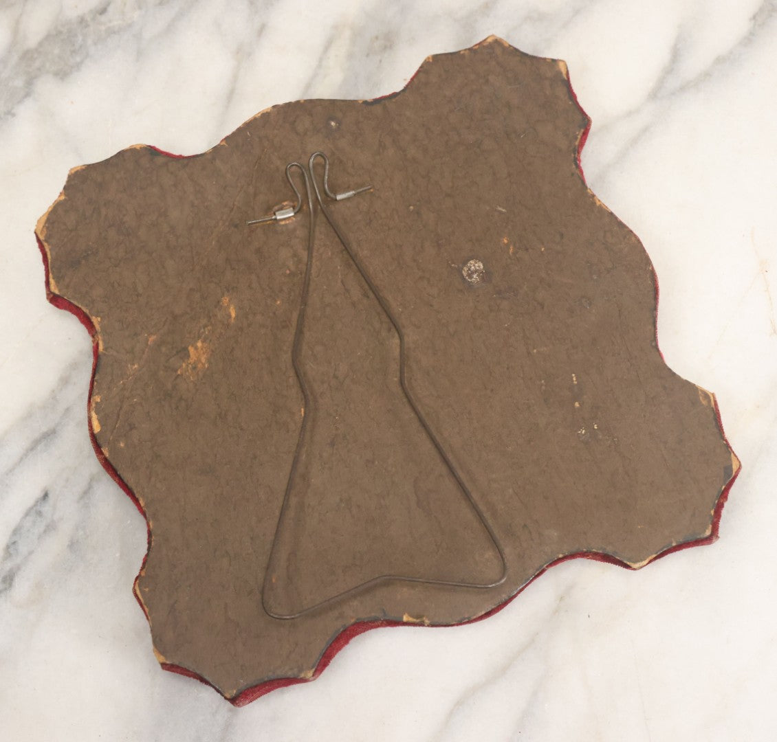 Lot 104 - Antique Beveled Dresser Mirror With Red Velvet Surround And Thermometer, Pressboard Backing, And Wire Kick Stand