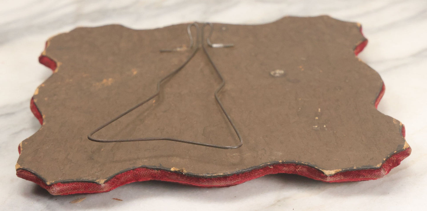 Lot 104 - Antique Beveled Dresser Mirror With Red Velvet Surround And Thermometer, Pressboard Backing, And Wire Kick Stand