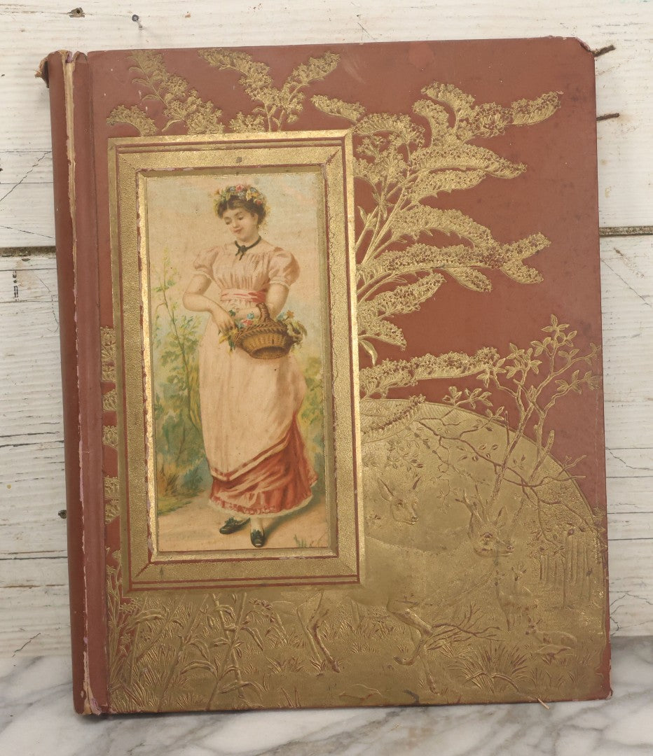 Lot 105 - Empty Antique Victorian Scrapbook With Embossed Cover With Gold Paint And Roe Deer, Lithograph Of Woman With Flower Basket, Belonged To Bessie Gooch, No Contents, As Found