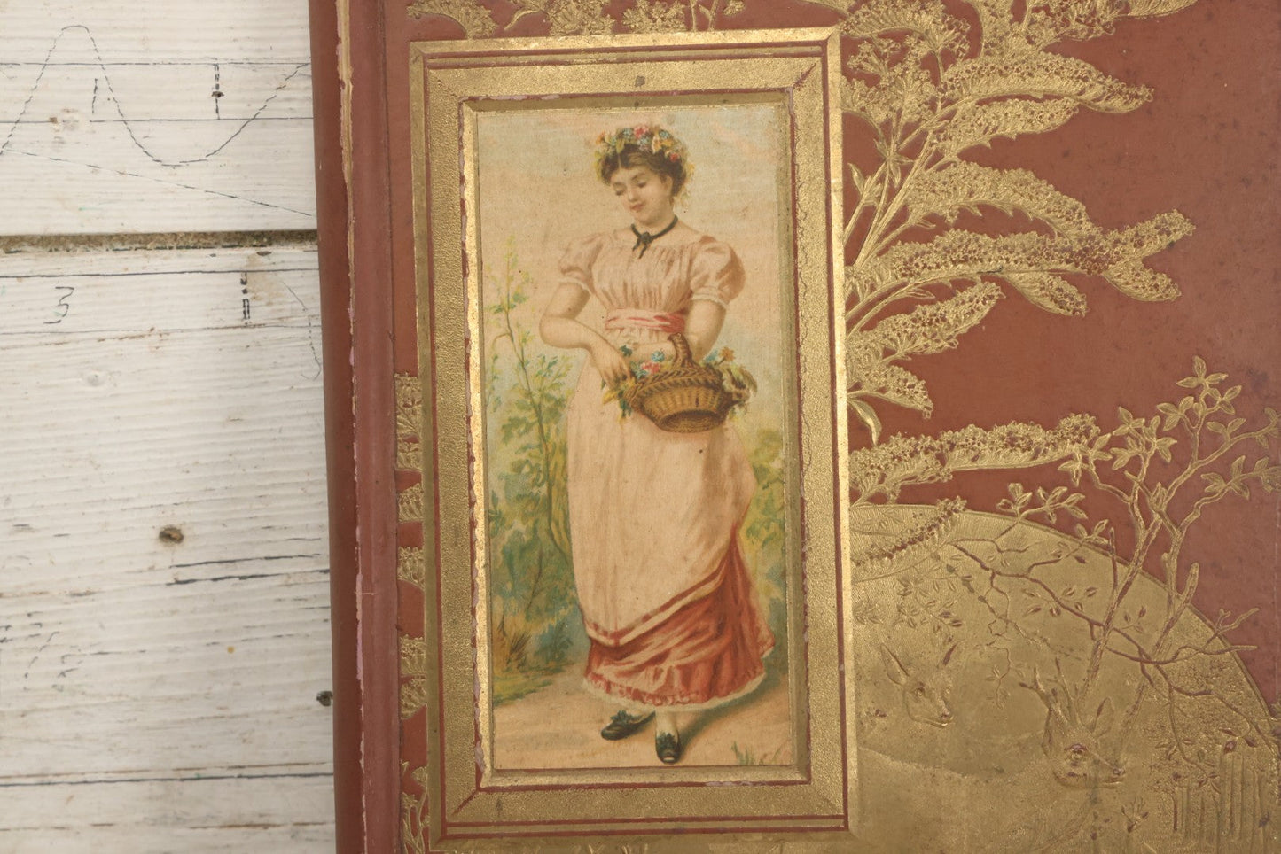 Lot 105 - Empty Antique Victorian Scrapbook With Embossed Cover With Gold Paint And Roe Deer, Lithograph Of Woman With Flower Basket, Belonged To Bessie Gooch, No Contents, As Found