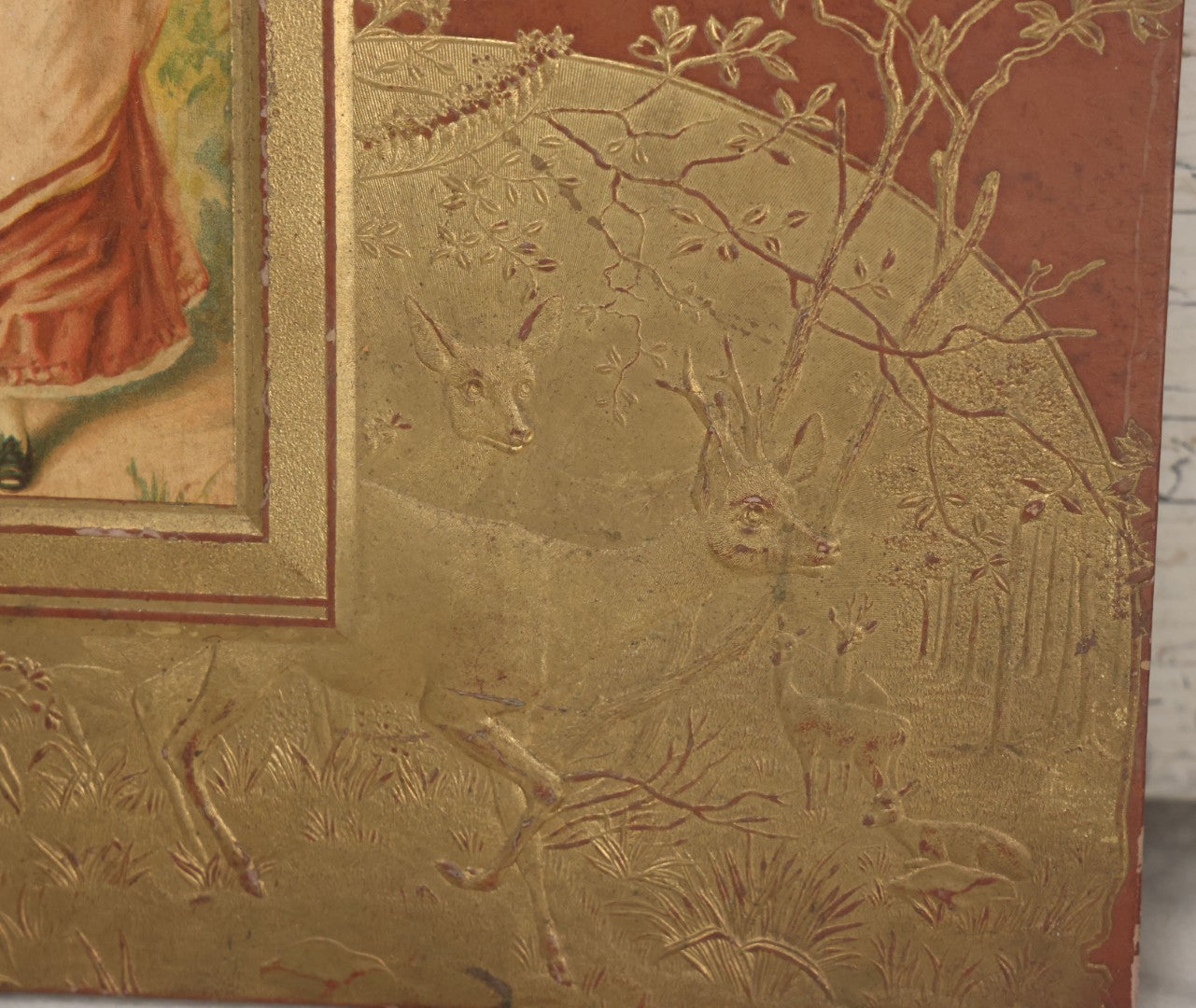 Lot 105 - Empty Antique Victorian Scrapbook With Embossed Cover With Gold Paint And Roe Deer, Lithograph Of Woman With Flower Basket, Belonged To Bessie Gooch, No Contents, As Found