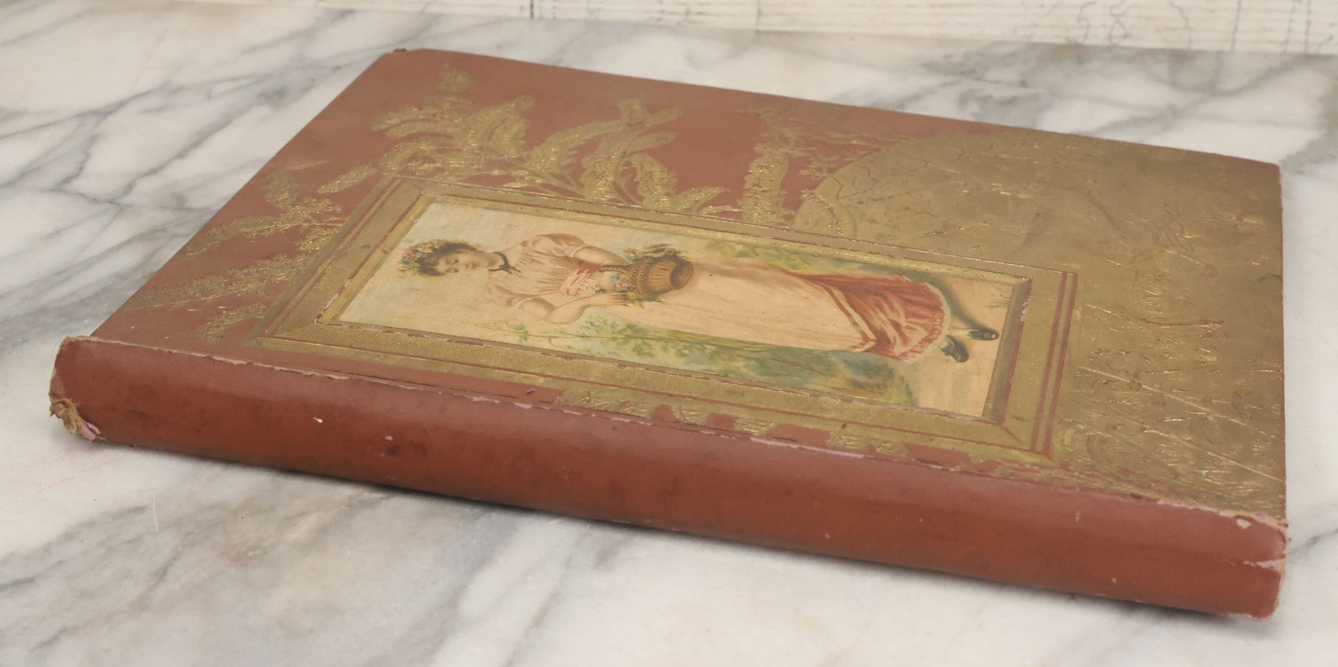 Lot 105 - Empty Antique Victorian Scrapbook With Embossed Cover With Gold Paint And Roe Deer, Lithograph Of Woman With Flower Basket, Belonged To Bessie Gooch, No Contents, As Found