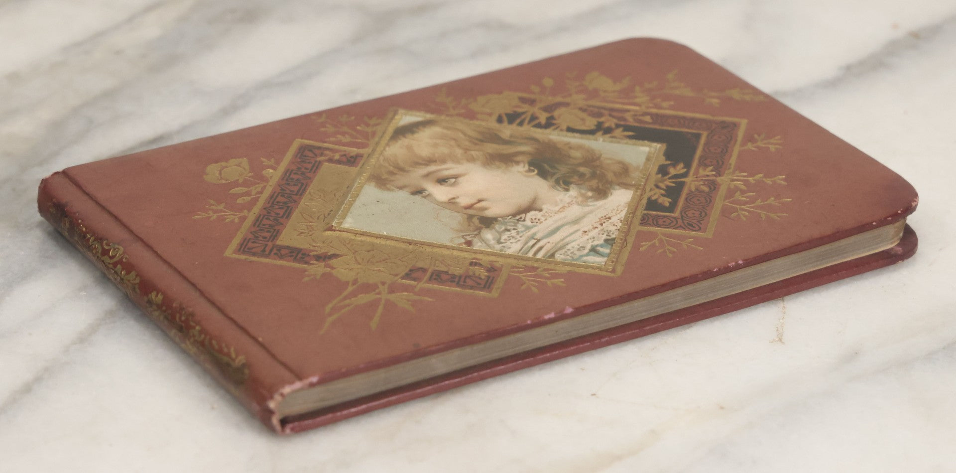 Lot 106 - Empty Antique Victorian Autograph Album, "The Hendschel Album" Published By The Major Knapp & Co., New York, With Little Girl On Cover, Gold Flowers, Seven Full Page Chromolithograph Plate Inserts