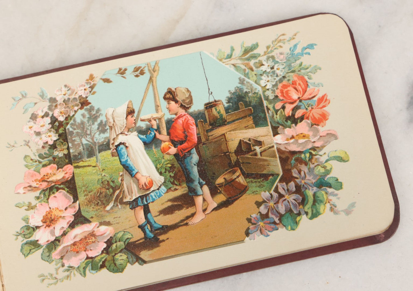 Lot 106 - Empty Antique Victorian Autograph Album, "The Hendschel Album" Published By The Major Knapp & Co., New York, With Little Girl On Cover, Gold Flowers, Seven Full Page Chromolithograph Plate Inserts