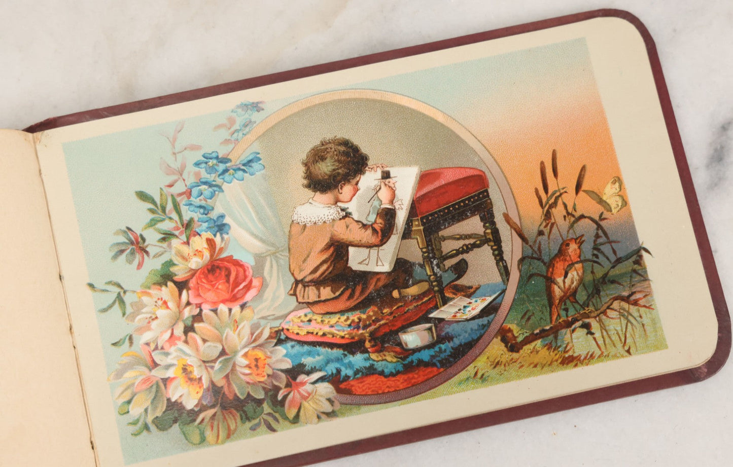 Lot 106 - Empty Antique Victorian Autograph Album, "The Hendschel Album" Published By The Major Knapp & Co., New York, With Little Girl On Cover, Gold Flowers, Seven Full Page Chromolithograph Plate Inserts