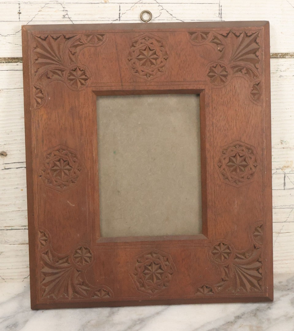 Lot 108 - Vintage Folk Art Carved Wooden Frame With Geometric Patterns, Includes Glass And Backing Board, Frame Empty
